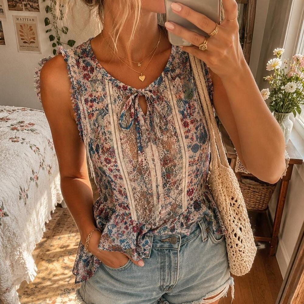 Lauren Conrad LC Floral Lace Peplum Blouse XS